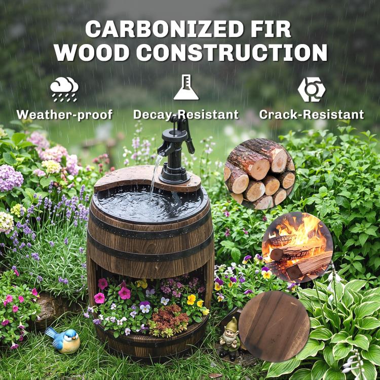 Rustic wooden barrel water fountain with black pump, plants and birds around the planter