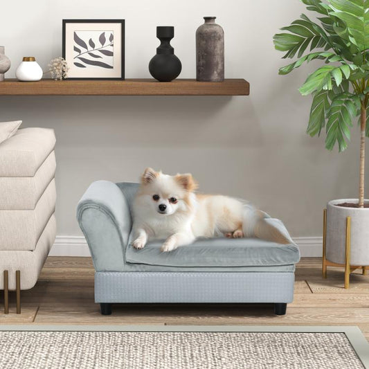 Pale gray dog sofa bed with low frame and cushioned backrest