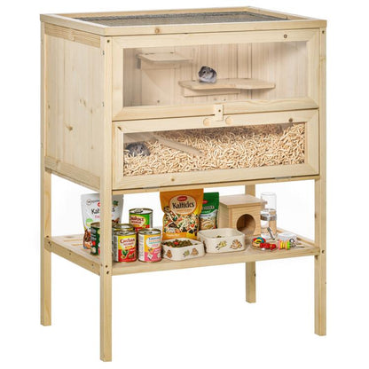 Natural wooden 3-tier small animal hutch with open front door and wire-mesh top