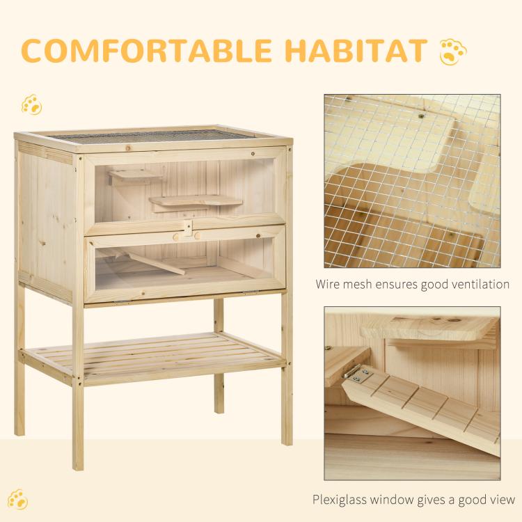Natural wooden 3-tier hutch with wire-mesh ventilation panel and clear front view window