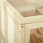Close-up of natural wooden corner joint with screws on small animal hutch