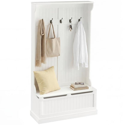 White entryway bench with coat rack, five hooks, open seat storage and hanging bags
