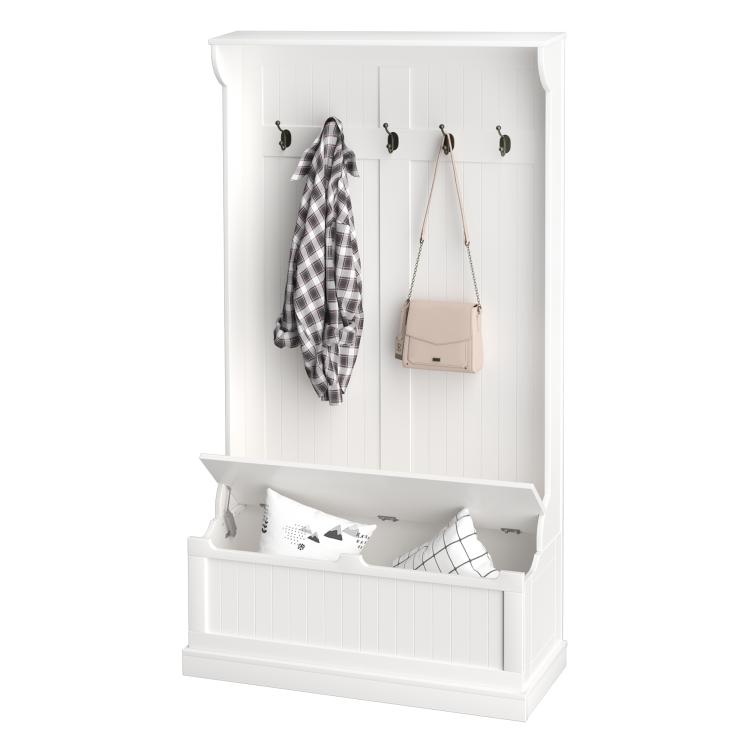 White coat rack bench with five hooks and open shoe storage shelf, coats and bag