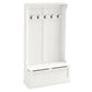 Cream hall tree entryway bench with coat rack and five hooks