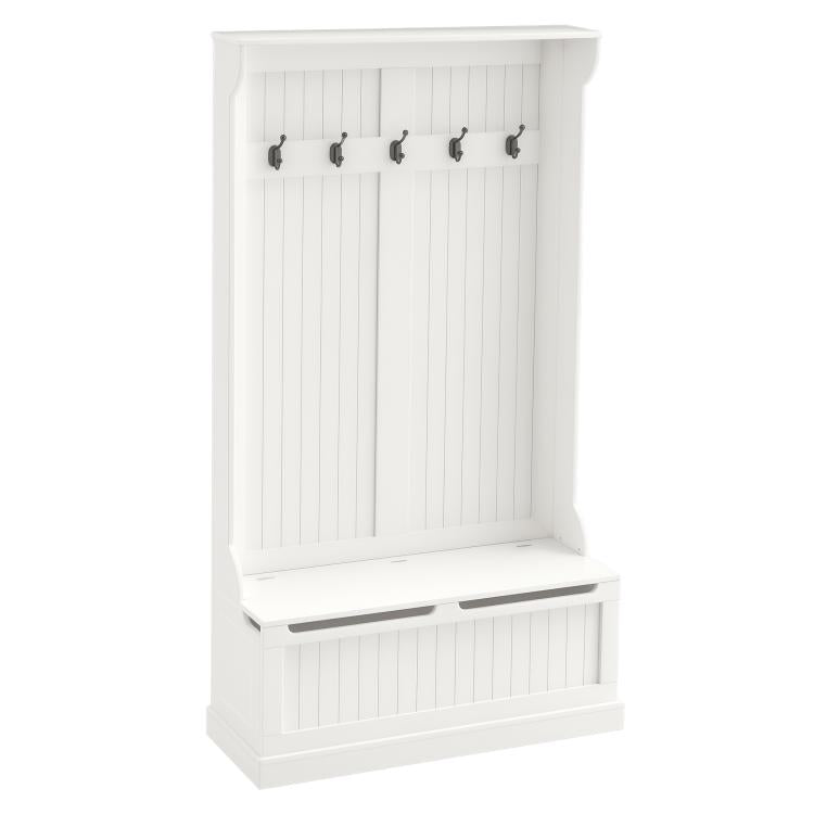 Cream hall tree entryway bench with coat rack and five hooks