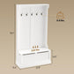 White entryway bench with coat rack, five hooks, bench seat and storage panel