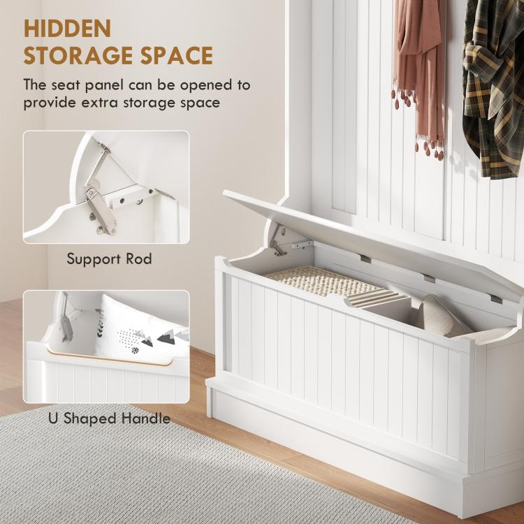 White bench with open seat panel showing storage, support rod and U-shaped handle
