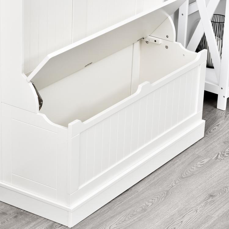 White bench with open seat revealing empty storage compartment and support hardware