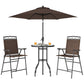 Patio bar set: brown umbrella with two folding chairs and round wave-textured glass table