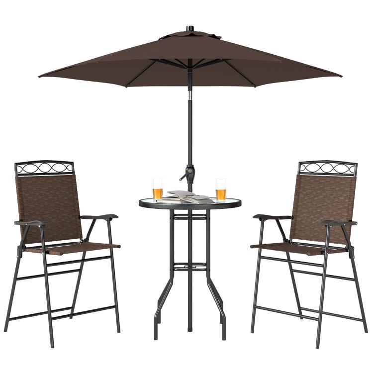 Patio bar set: brown umbrella with two folding chairs and round wave-textured glass table