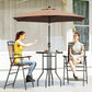 Brown outdoor bar set with umbrella, round tempered glass table, and two folding chairs
