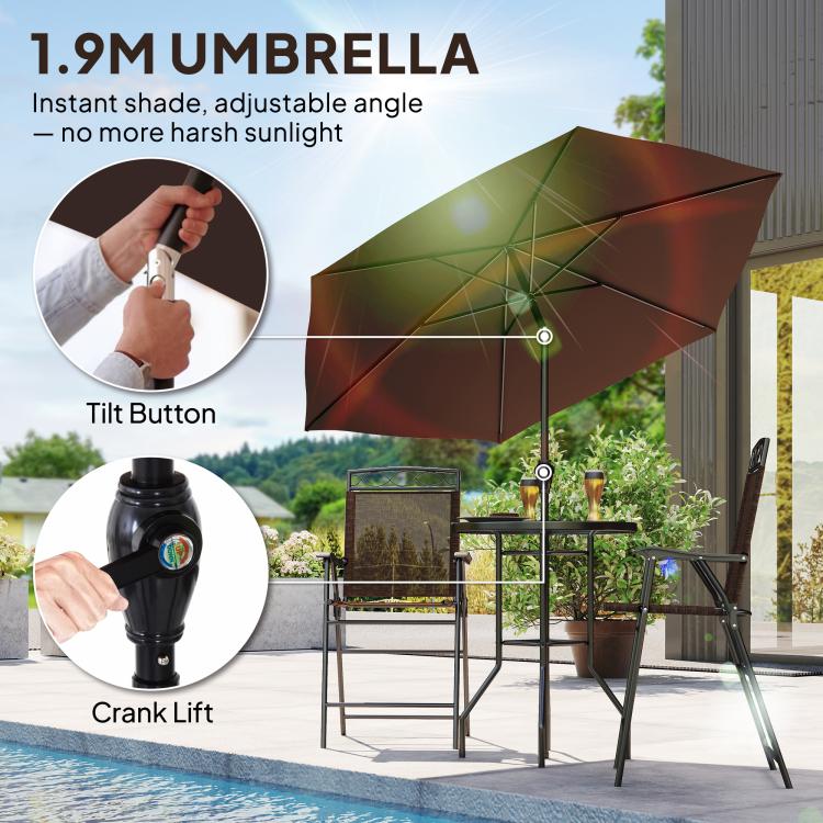 Brown patio umbrella with tilt button and crank-lift mechanism on the stand