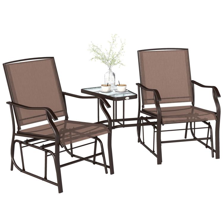 Two-person outdoor rocking chair set with brown sling seats and small round coffee table