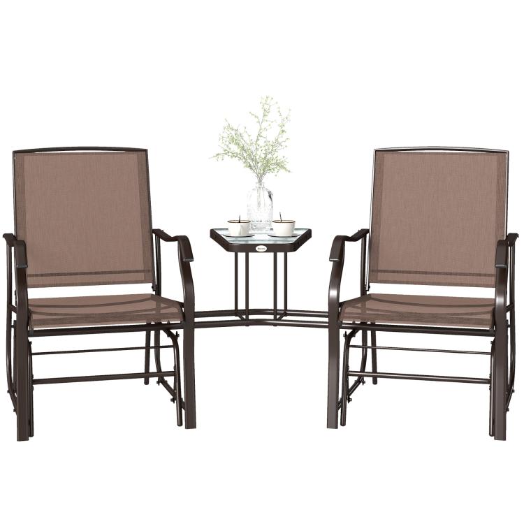 Patio rocking chair loveseat with two brown sling chairs and square coffee table