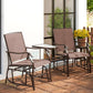 Outdoor rocking chair set with two sling chairs and small coffee table, brown frames