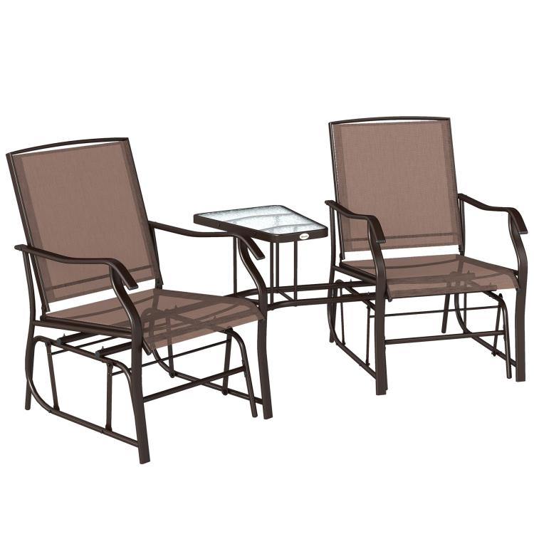 Outdoor loveseat rocking chair set: two sling chairs with square coffee table, dark brown