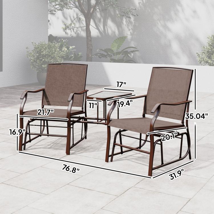 Rocking chair loveseat with brown sling seat cushions and matching coffee table dimensions