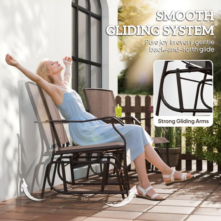 Rocking patio chair with smooth gliding arms and brown sling seat for gentle back-and-forth