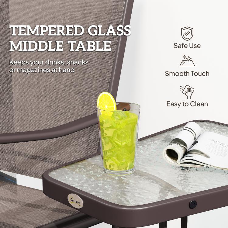 Tempered glass middle coffee table with drink on slate-brown frame