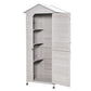 White wooden storage cabinet shed with open double doors showing four interior shelves