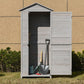 White wooden storage shed cabinet with open doors and gardening tools inside
