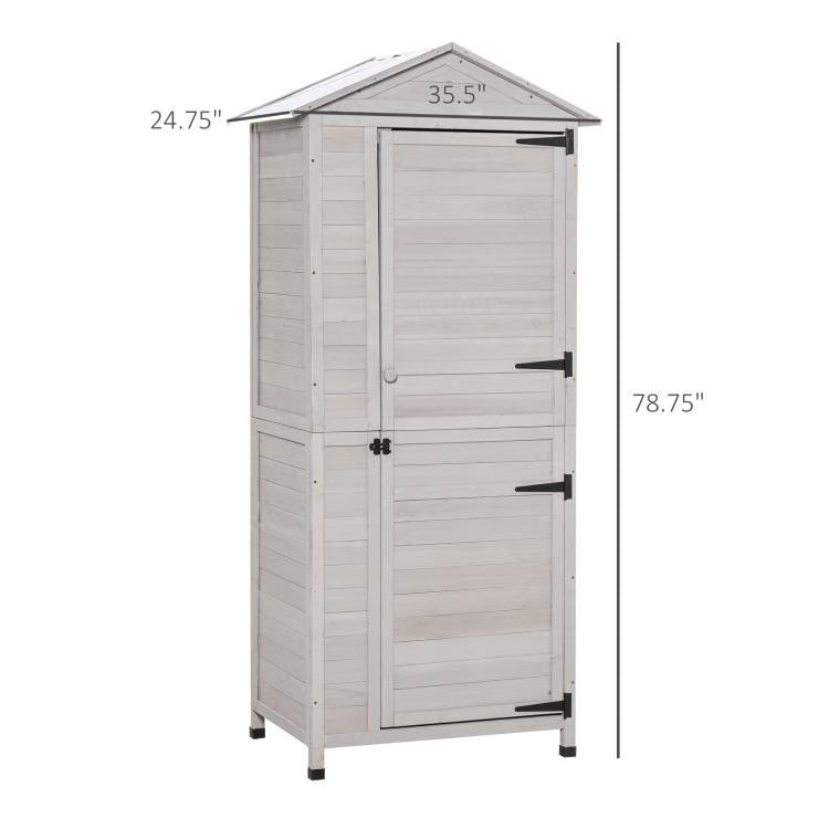 White wooden lockable storage cabinet shed with double doors and side handle