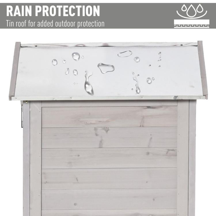 White wooden storage cabinet shed with sloped top panel