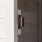 Brown metal lock latch on white wooden cabinet door edge
