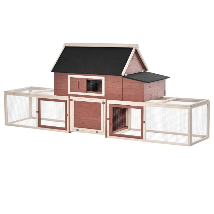 Wooden chicken coop with two run compartments, dark asphalt roof, side nesting box