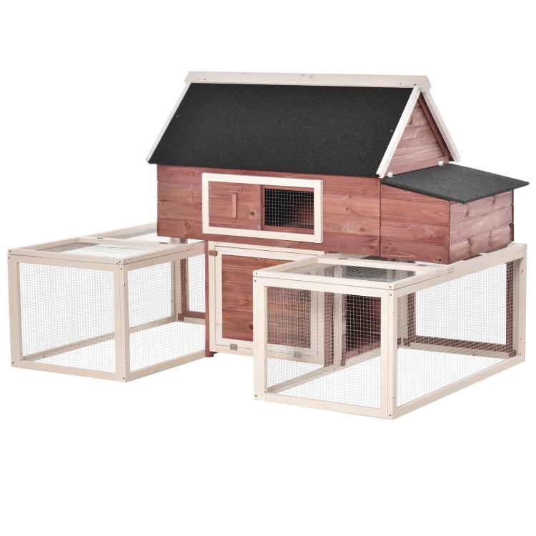 Wooden chicken coop with dual fenced runs, dark roof panels, front nesting opening