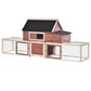 Wooden outdoor chicken coop with two wire runs, dark roof, and front nesting box