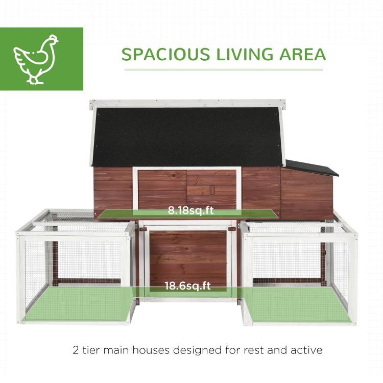 Wooden chicken coop interior view with two lower compartments and dark roof cover