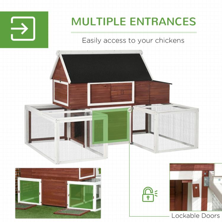 Wooden chicken coop with fenced entrances and side access doors, dark asphalt roof