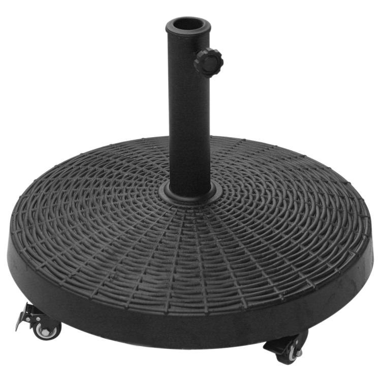 Round black umbrella base with vertical pole mount and woven-texture top