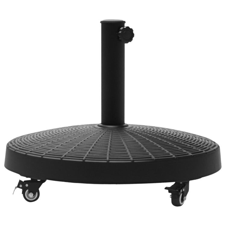 Black round umbrella stand base with grid top and pole opening, four caster feet