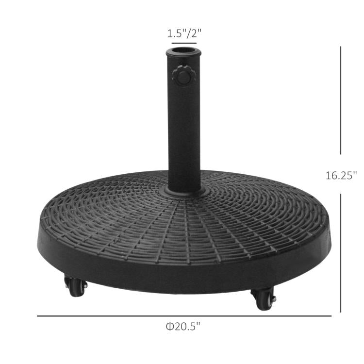 Black umbrella base stand with woven round top, pole sleeve, and 4 caster wheels