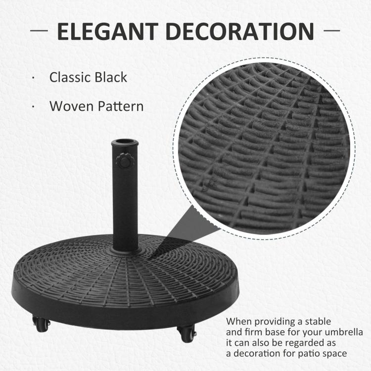 Black umbrella base stand with woven top texture and pole sleeve detail
