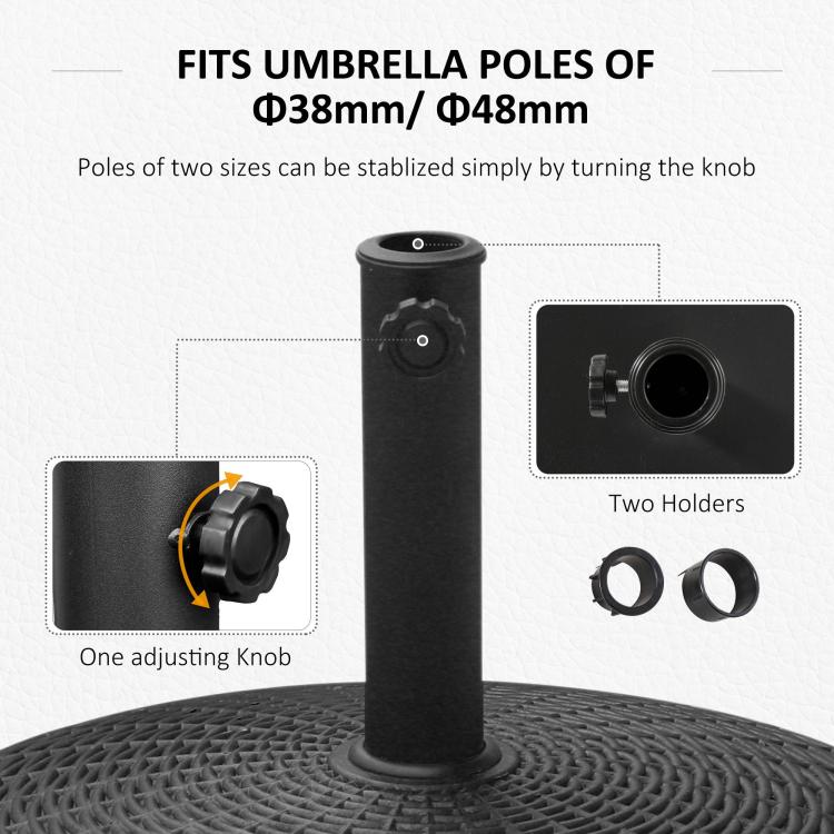 Black umbrella base with pole-fit sleeve and adjustable side knob for umbrella poles