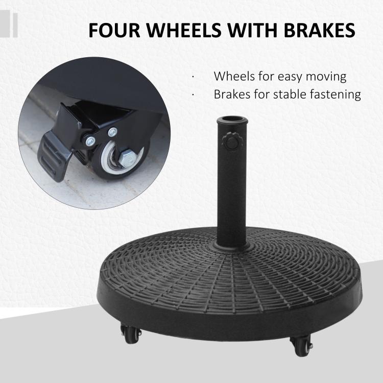 Black umbrella base stand showing four wheels with brakes and woven top