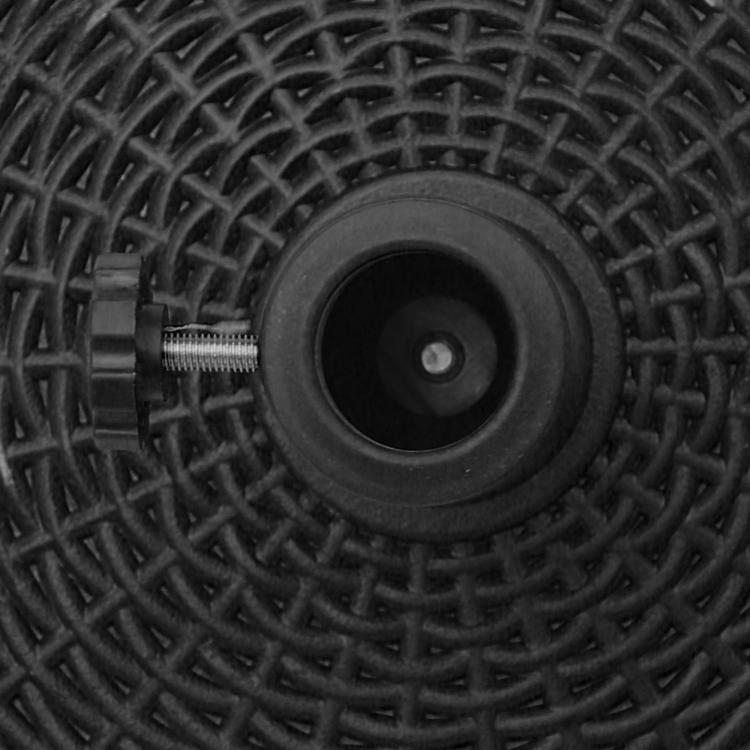 Close-up of black caster wheel attached to the umbrella base with woven pattern