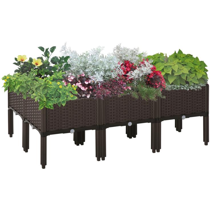 Brown raised garden bed planter box with legs, rattan-style woven sides