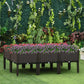 Raised garden bed planter box with dark brown rattan sides and colorful flowers on legs