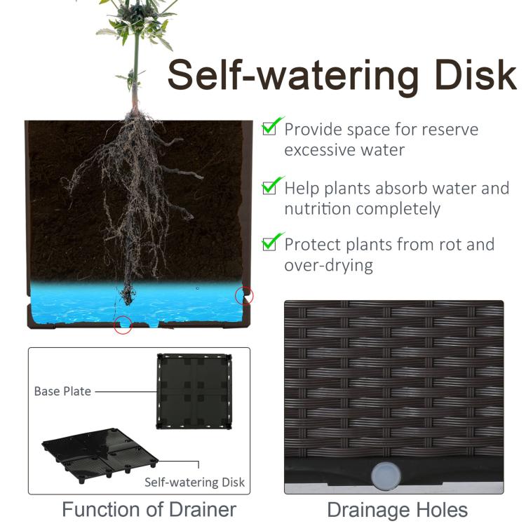 Self-watering raised garden bed base with drainage holes and watering disk