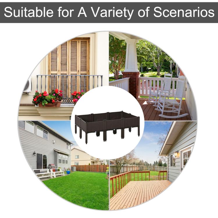 Raised garden bed planter box with legs and rattan sides shown in outdoor yard settings