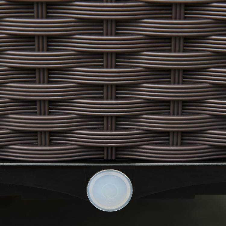 Close-up of dark brown rattan-patterned raised garden bed side panel and drainage cap