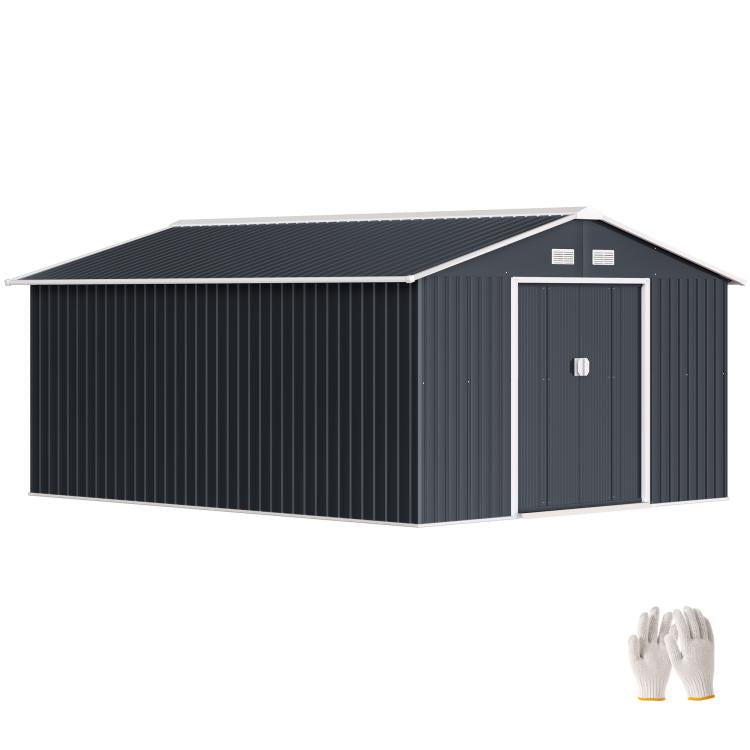 Dark gray metal garden shed with double doors and gable roof