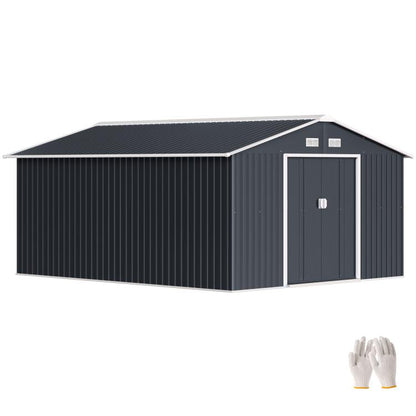 Dark gray metal garden shed with double doors and gable roof