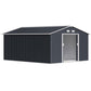 Dark gray metal garden shed with open door and gable roof