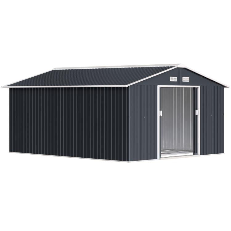 Dark gray metal garden shed with open door and gable roof