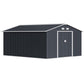 Dark gray metal storage shed with gable roof and double doors